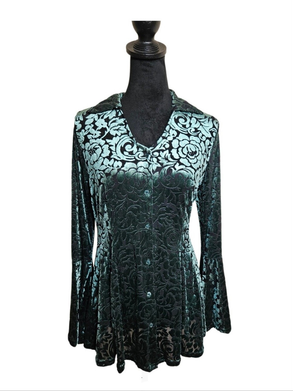 Ultra Pink Velvet Burnout Bell Sleeve Green Whimsigoth Button-Front Top Size S